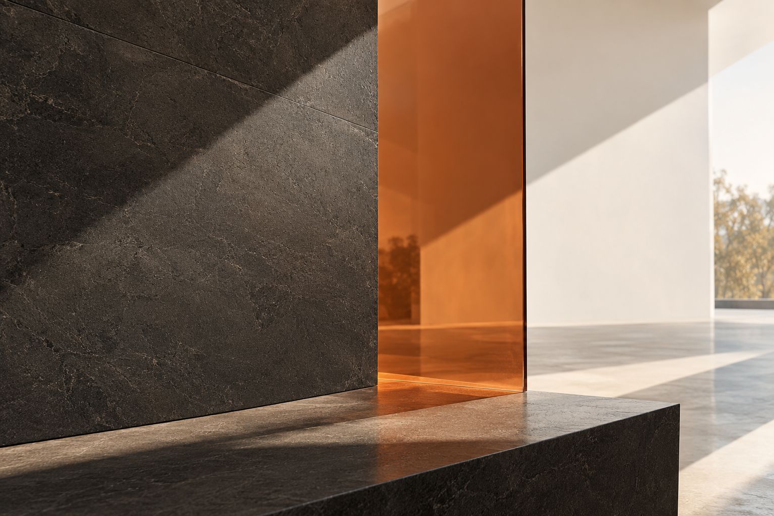 Offset architectural planes and amber glass catching the light